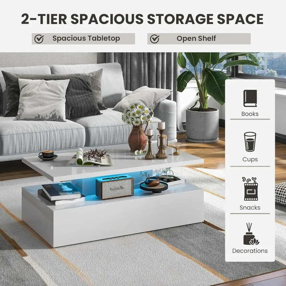 LED Coffee Table, Modern High Gloss Coffee Table w/ 20-Color LED Lights,2-Tier Rectangle Living Room Center Table