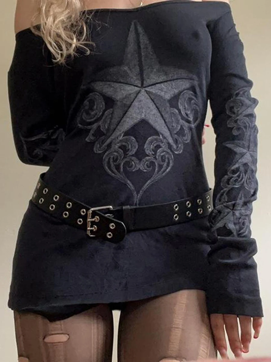 

Women s long-sleeved top black five-pointed star print off-the-shoulder deep V-neck slim-fit casual pullover spring and autumn