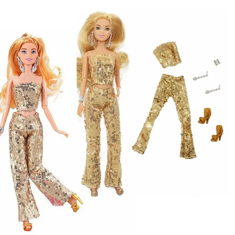 Golden Sequin 1/6 Doll Clothes For Barbie Outfits Set Top & Pants For Barbie Dress 11.5