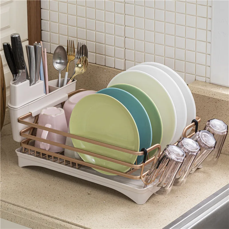 Champagne Gold Aluminium Kitchen Dish Drying Rack Sink Stand Drain Holder  Cutlery Drainer Accessories Storage Plate Organizer