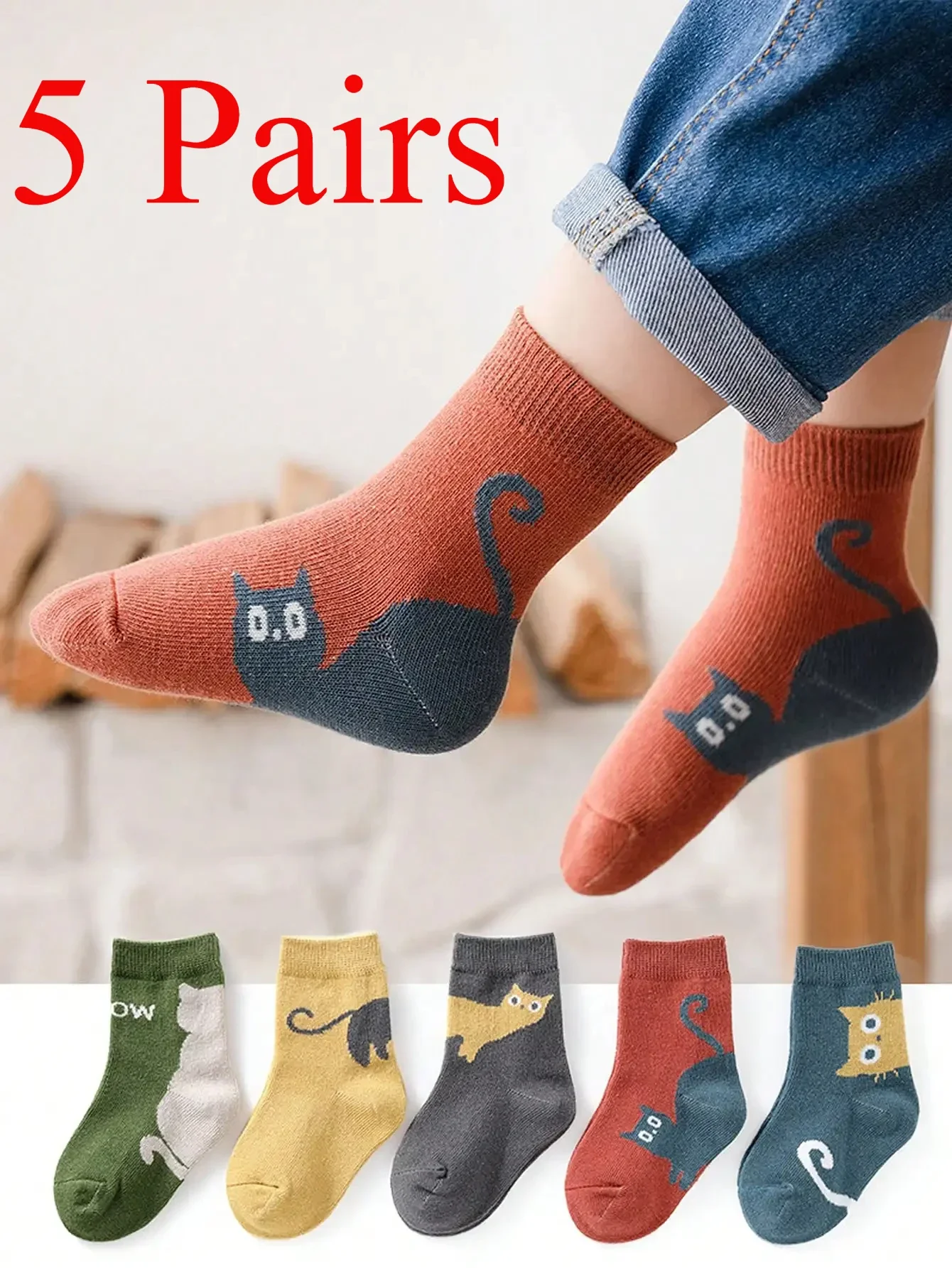 5 Pairs Four-season Baby Cotton Socks Spring & Fall Cartoon Kitten Winter Mid-tube Socks for Boys and Girls Toddler