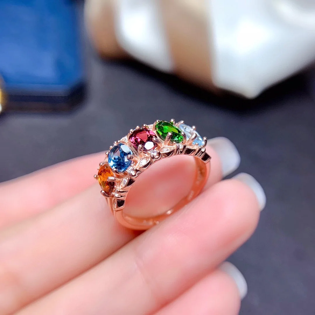 

Natural Tourmaline Gemstone Fashion Colorful Stone Flower Ring for Women Real 925 Silver Charm Fine Jewelry