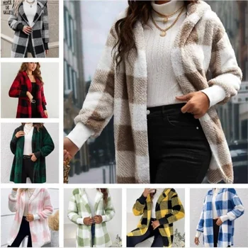 Women Autumn Winter Double Fleece Plaid Cardigan Soft Loose Long Sleeve Plush Warm Hooded Jacket Female Patchwork Outerwear Coat