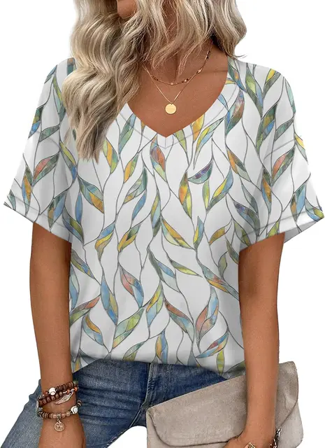 الصيف المرأة تي شيرت برقبة على شكل v بسيط شريطية ورقة طباعة قصيرة الأكمام تيز فضفاضة في الهواء الطلق سريعة الجافة اليومية ملابس كاجوال للإناث 1
