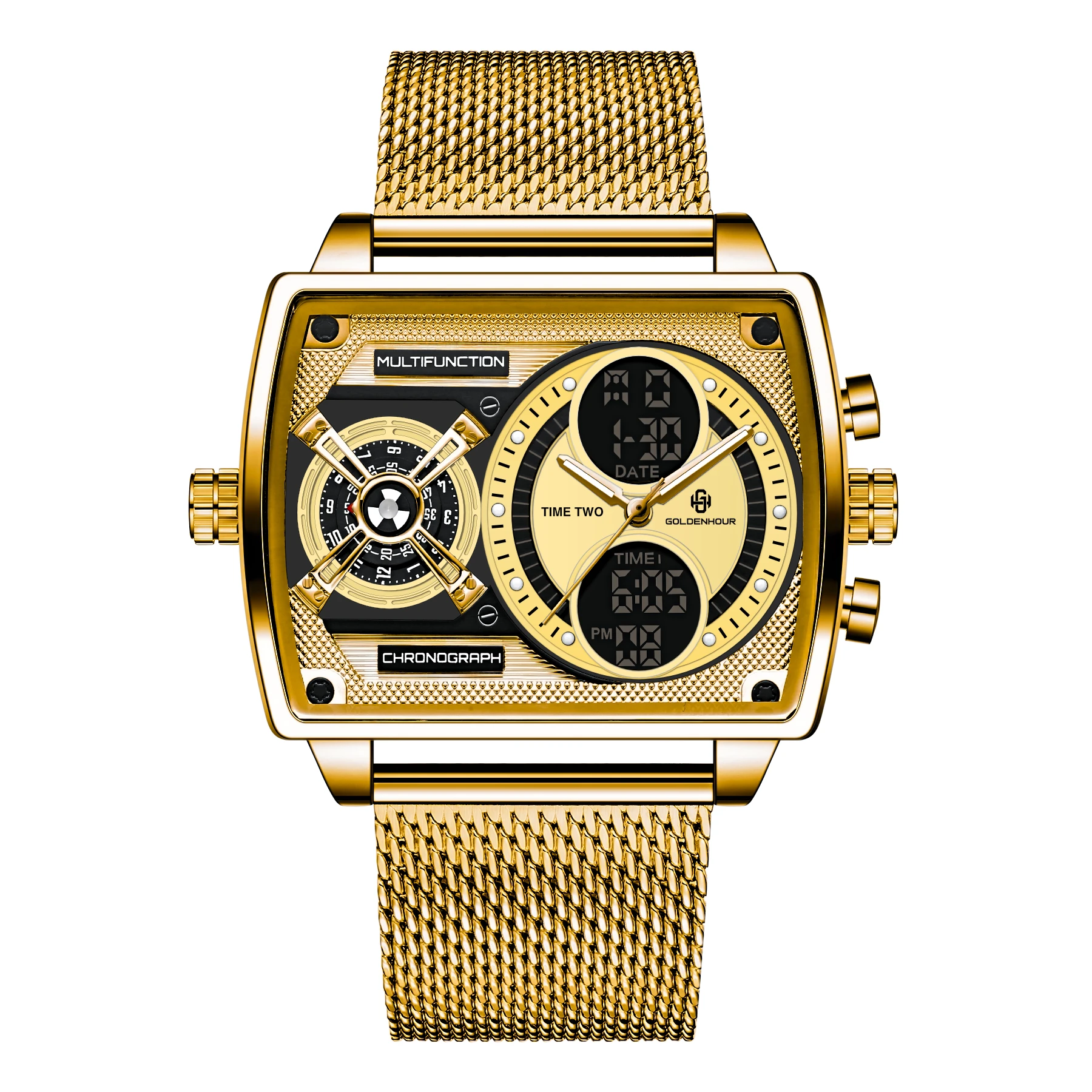 GOLDENHOUR Luxury Black Men’s Industrial LED Digital-Analog Waterproof Luminous Quartz Wristwatch