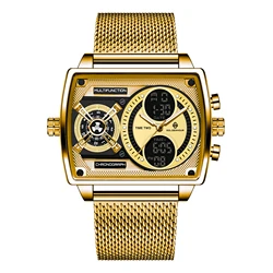 GOLDENHOUR Luxury Black Men’s Industrial LED Digital - Analog Waterproof Luminous Quartz Wristwatch (Gold)
