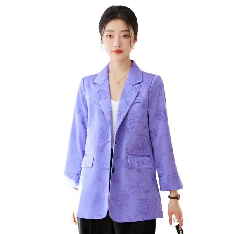 

2024 Spring Elegant Women Texture Jacquard Blazer Nine Quarter Sleeves Buttons Office Lady Jacket Casual Top Femme Coat Y2K