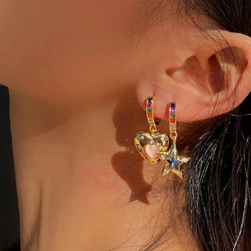Vintage Heart Star Zircon Drop Dangle Hoop Earrings for Women Asymmetric Exquisite Rhinestone Drop Earring  Jewelry Girls Gifts