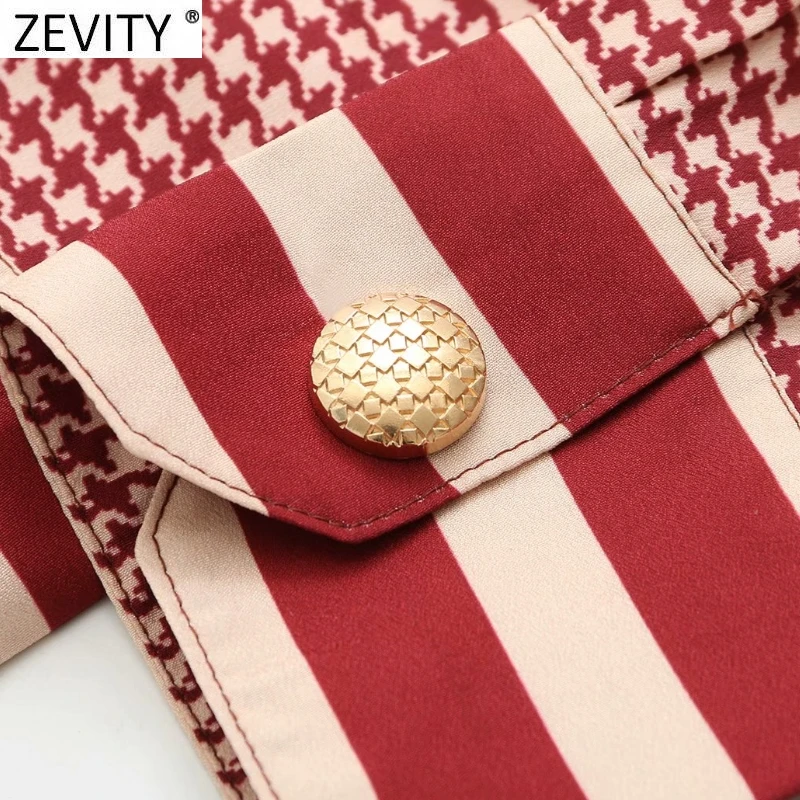 Zevity Women Vintage Red Houndstooth Print Patchwork Casual Smock Blouse Office Lady Pocket Patch Shirts Chic Blusas Tops LS9341