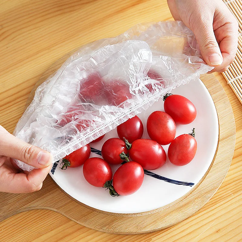 100pcs Disposable Food Cover Plastic Food Bag Elastic Wrap Food Lid Bowl Dish Covers Shower Headgear Cap Kitchen Accessories 4