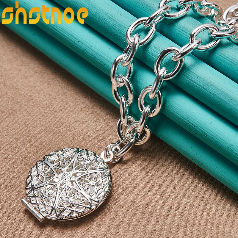 

New 925 Sterling Silver Round Hollow Carve Photo Frame Pendant Chain Necklace For Women Engagement Wedding Fashion Charm Jewelry