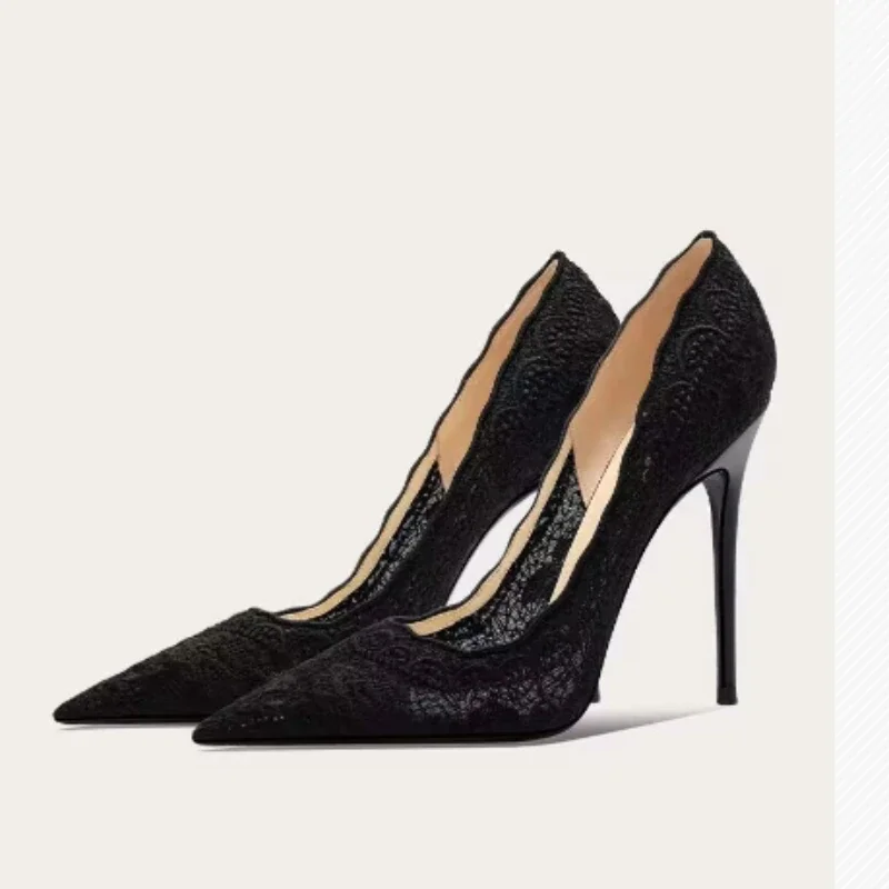 Women's Large Size High Heels Thin Heels Pointed Toe Lace High Heels Dress Banquet Mature New Spring Sexy Zapatillas De Mujer 6