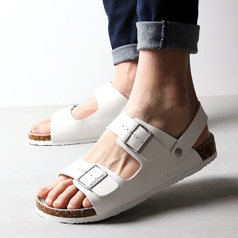 2023 New Summer Men Beach Suede Cork Slipper Couple Shoe Casual Nubuck Leather Women Outdoor Double Buckle Slide Footwear