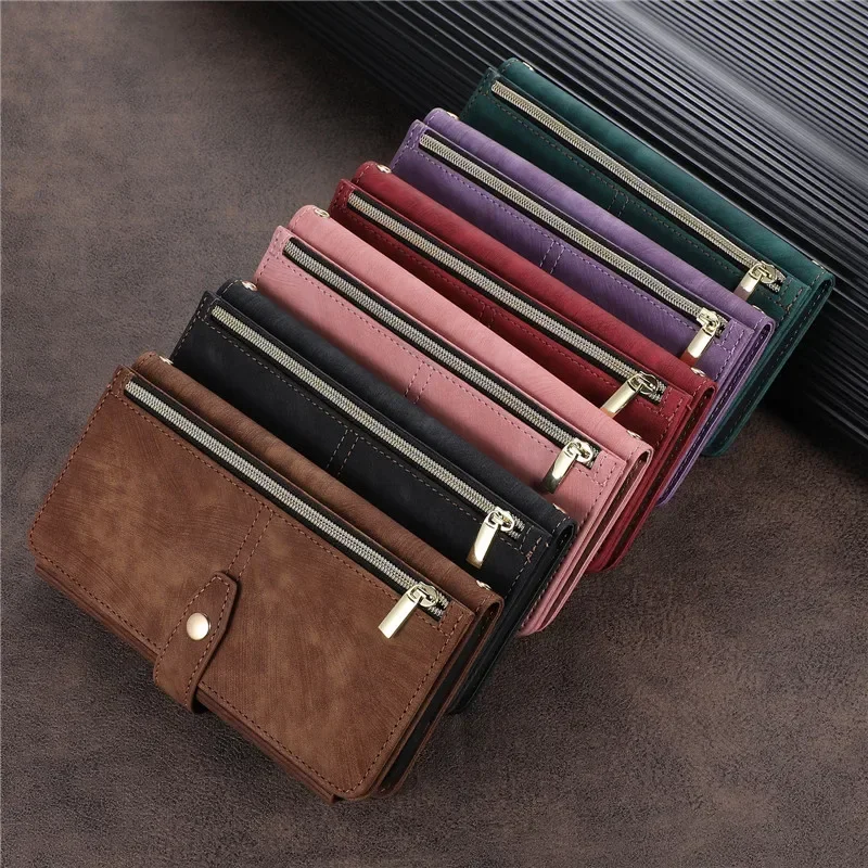 Elegant Flip Leather Phone Case with Long Lanyard and Zipper Wallet
