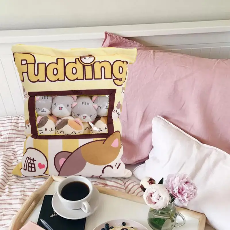 Cute Cat Snack Pillow Pudding Plushie Animal Plush Doll Removable Set for Kids girl