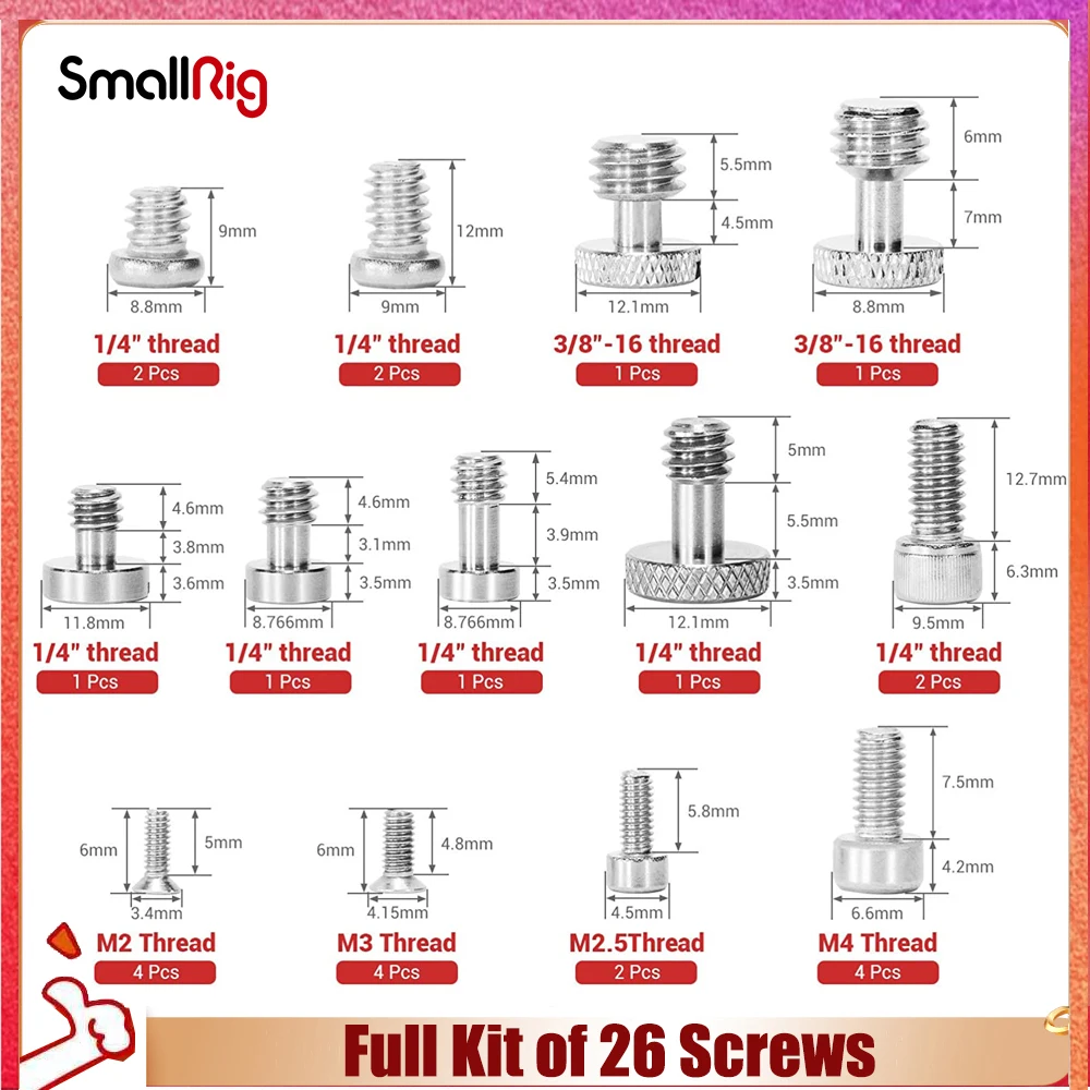 

Полный комплект из 26 винтов для крепления SmallRig включает винты 1/4 дюйма, 3/8 дюйма, M2, M2.5, M3/M4 для клетки камеры, ручки, пластины
