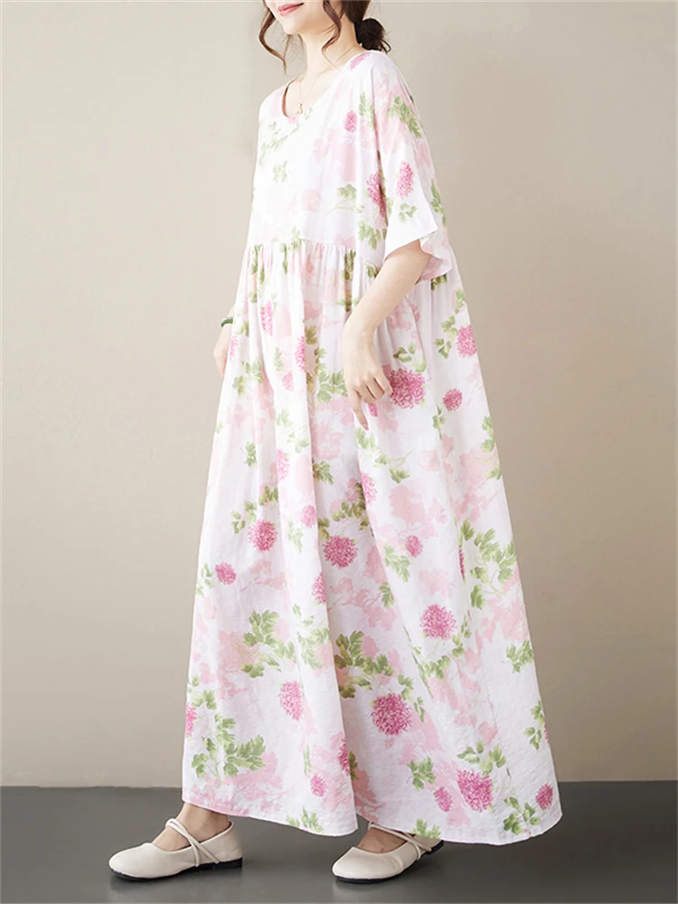 Oversize Summer Cotton Print Pink Dresses For Women Vintage Casual Loose Long Dress Femme Robe Vestidos Elegant Fashion Clothing