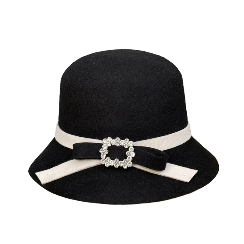 

Vintage Black Wool Felt Cloche Hat With Bowknot Wide Brim Bowler Winter Fedoras Ladies Church Floppy Derby Hats Cap