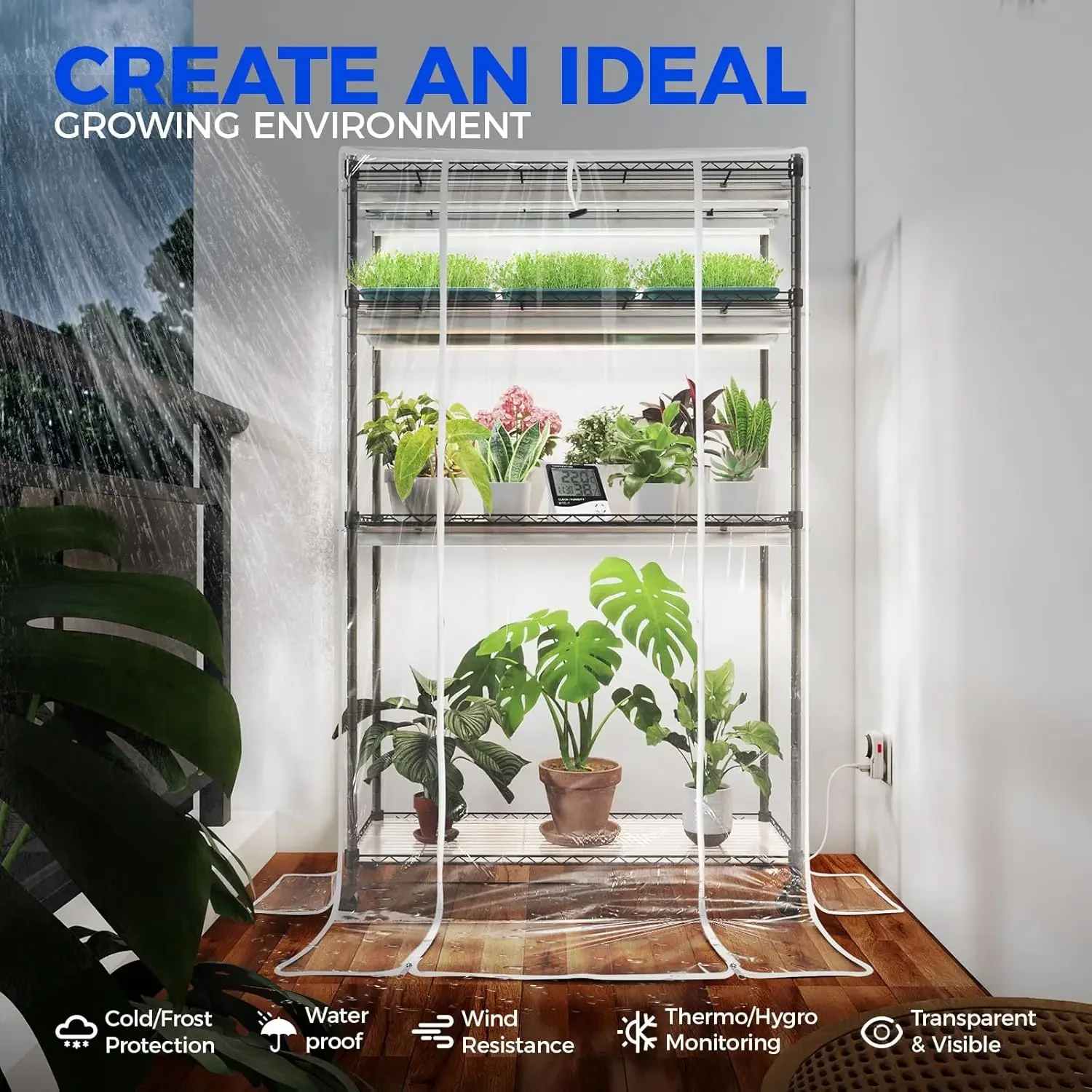 NEW-Mini Greenhouse with LED Grow Light for Indoor Plant, 4-Tier Portable Metal Plant Stand with Wheels, Plant Shelf with Tent