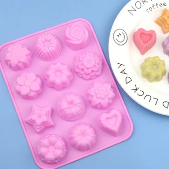 12-Cavity Silicone Flower Molds Non-Stick Jello Mold Baking Pans Ice Cube Trays for Kitchen Making Candy Chocolate Muffin Jelly