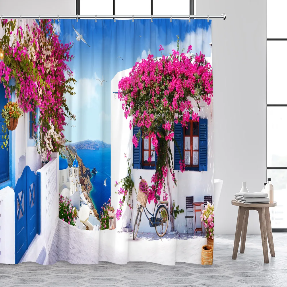 Greek Mediterranean Shower Curtain Purple Flowers Blue Door Window White Architecture Nature Landscape Bathroom Curtains Decor 2