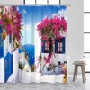 Greek Mediterranean Shower Curtain Purple Flowers Blue Door Window White Architecture Nature Landscape Bathroom Curtains Decor 2