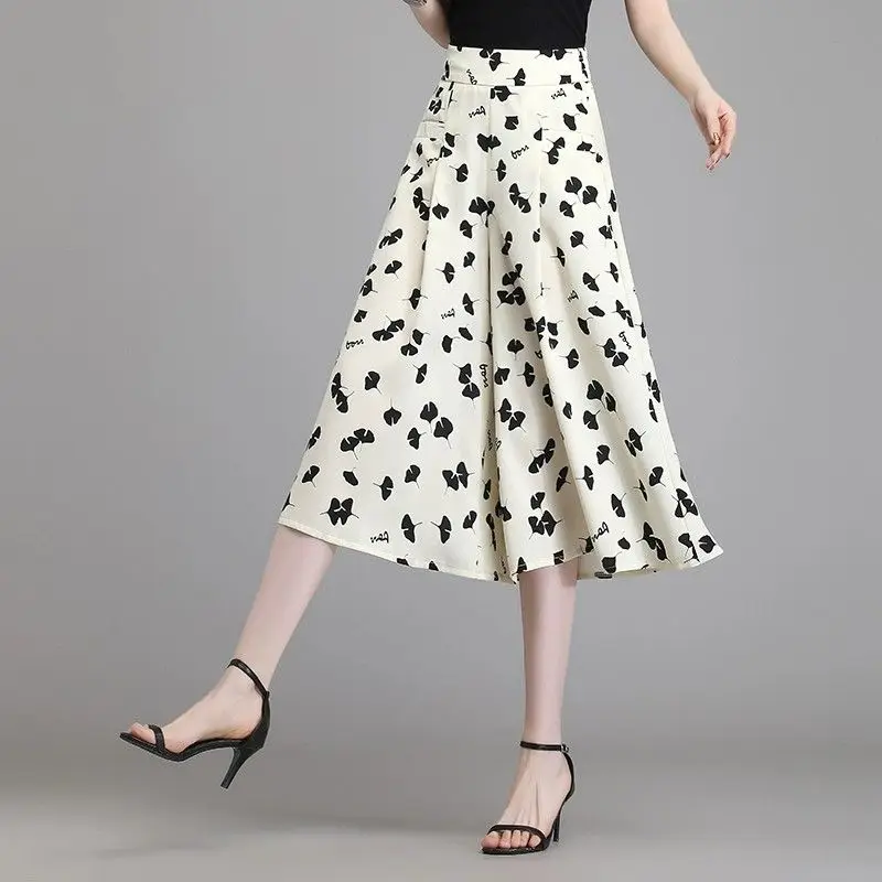 

2024 Women Summer Fashion High Waist Loose Pant Female Print Wide Leg Pants Ladies Elastic Waist Oversize Cropped Trousers B57