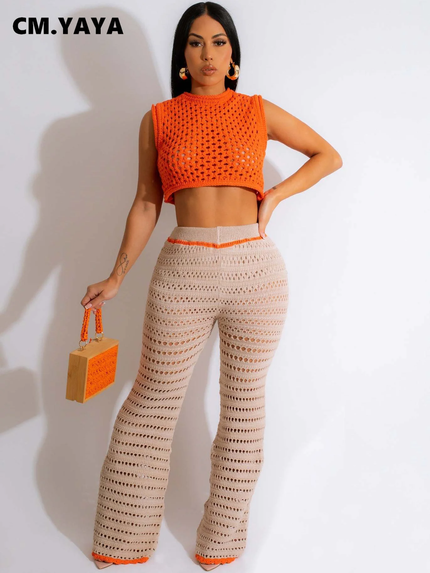 

Knit Ribbed Crochet Hole Beach Women's Set Tank Top and Wide Leg Pants 2023 Summer Two 2 Piece Set Outfits Tracksuit