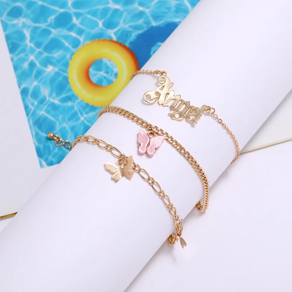 Cute Butterfly Angel Letter Pendant Anklets For Women Gold Silver Color Foot Chain Beach Jewelry Ankle Bracelet Summer Accessory