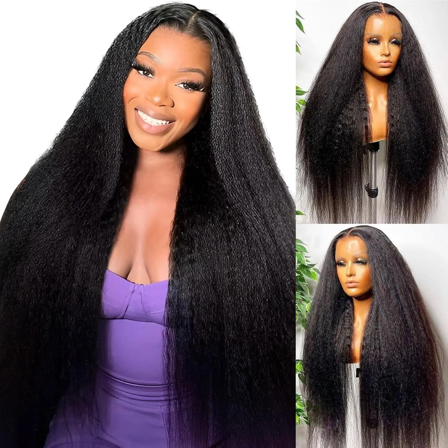 Kinky Straight Lace Front Wigs Human Hair Pre Plucked with Baby Hair 250% Density Yaki Straight 13x4 Transparent HD Lace Wigs