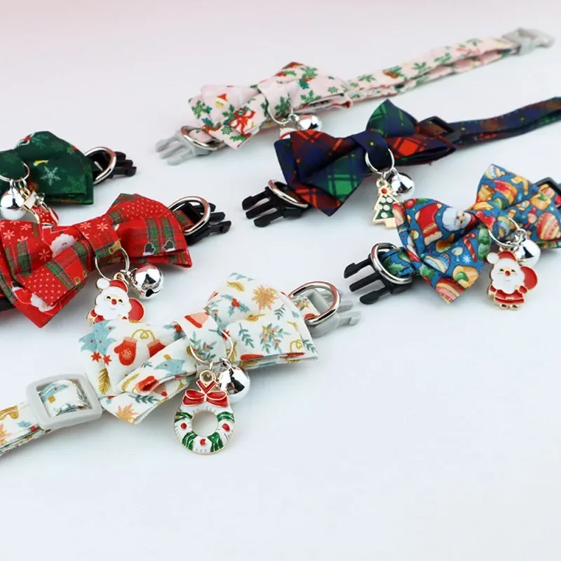 Christmas Bowknot Cat Dog Collar with Bell Adjustable Breakaway Pet Puppy Kitten Safety Buckle Bowtie 2026 New Year Gifts