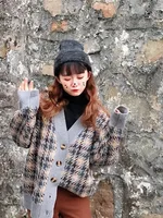 Thiened Knitted V-Ne Plaid Long Sve Cardigan Outerwear Autumn Winter New Sle Korean Artistic Retro Love Ball Series