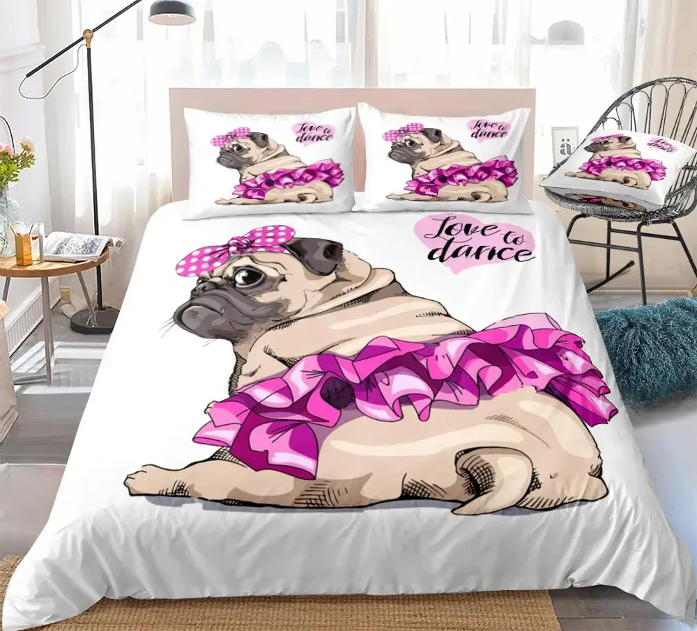 Pink Pug Doona Cover Pug Bedding Set Cartoon Pet Duvet Cover Set