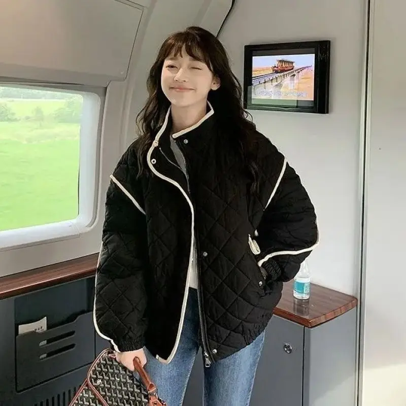 

2023 Autumn and Winter New Cotton-padded Jacket French Clip Cotton Coat Diamond-shaped Checkered Cotton-padded Coat