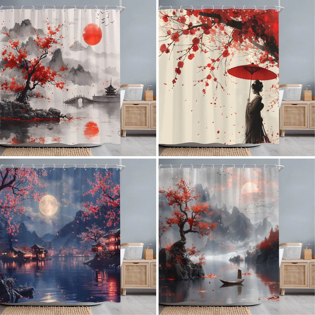 Japanese Red Cherry Blossom Seascape Shower Curtain Chinese Landscape Ink Painting Printed Fabric Shower Curtains Bathroom Decor shower curtains