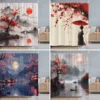 Japanese Red Cherry Blossom Seascape Shower Curtain Chinese Landscape Ink Painting Printed Fabric Shower Curtains Bathroom Decor 1