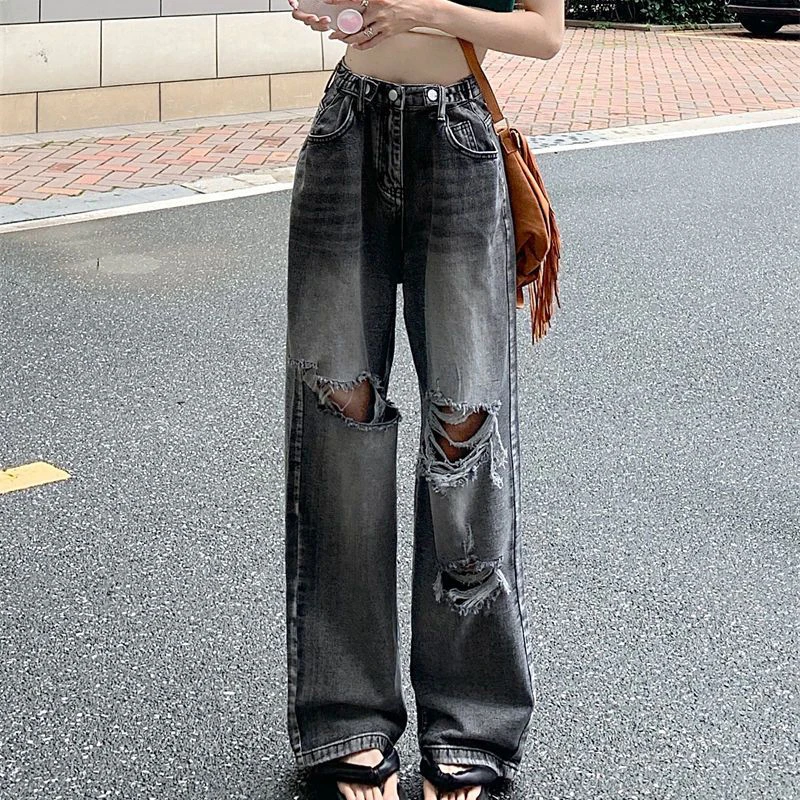 

Женские рваные джинсы в Корейском стиле, однотонные прямые брюки из денима с завышенной талией, универсальные свободные штаны в стиле ретро, на лето