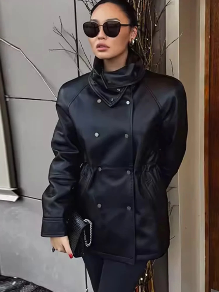 Women Vintage Faux Leather Jackets Double Breasted Stand Collar Slim PU Coats Autumn Winter Fashion High Street Jackets