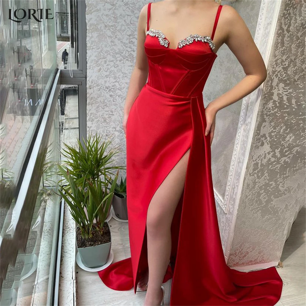 

LORIE Satin Mermaid Solid Evening Dresses Spaghetti Straps Side Slit Crystals Prom Dress Bride Backless Pleats Party Gowns 2023