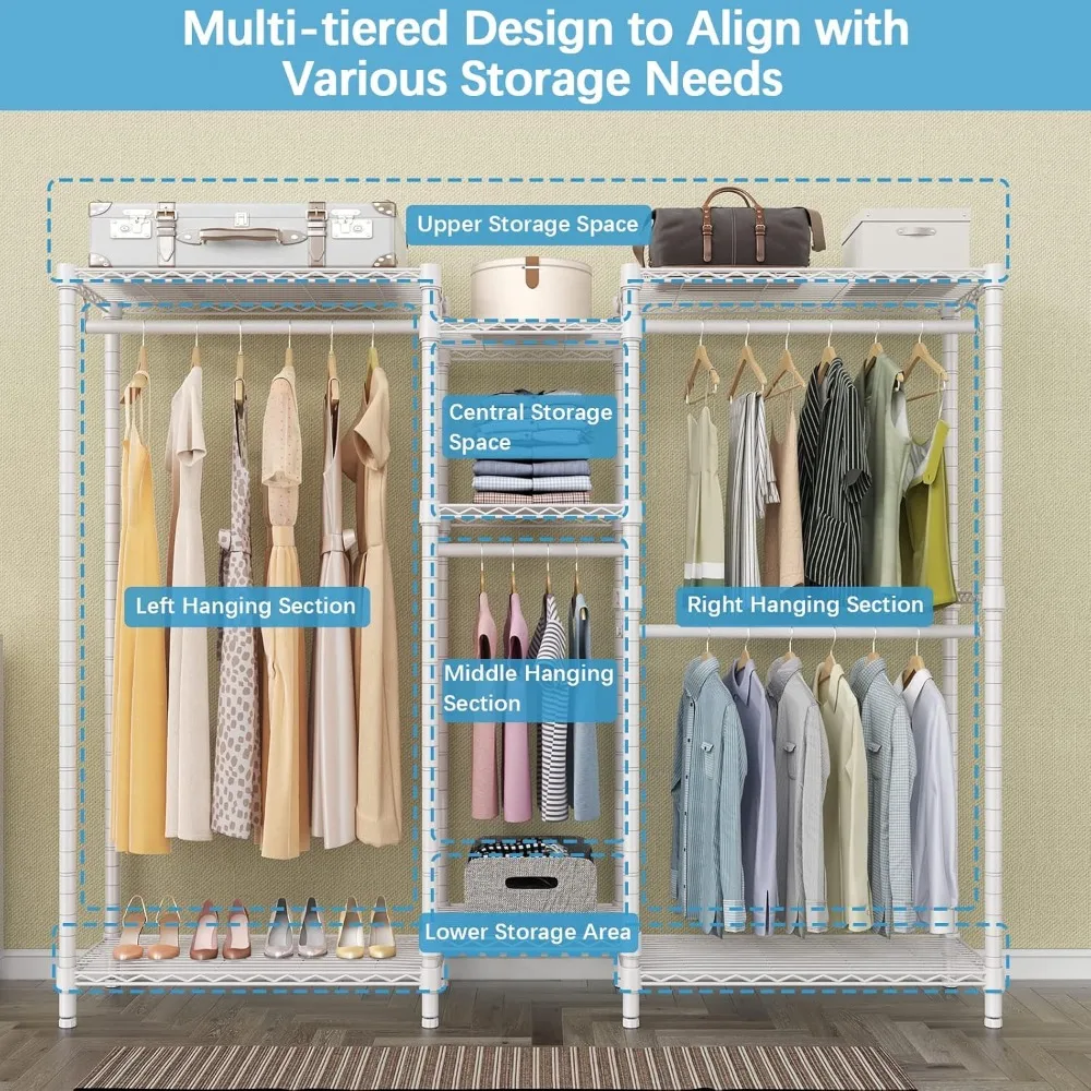 V6C Heavy Duty Covered Clothes Rack Portable Wardrobe Closet, 5 Tiers Wire Garment Rack White Metal Clothing Rack 6