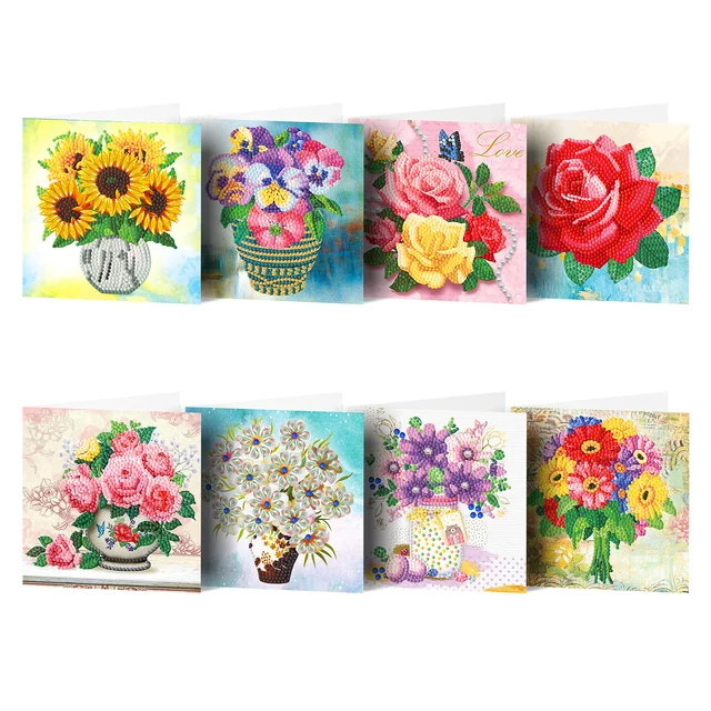 8 Pack 5D Diamond Painting Greeting Cards Hand Embroidered DIY Diamond Encrusted Wishes Greeting Cards Romantic Birthday Gifts 