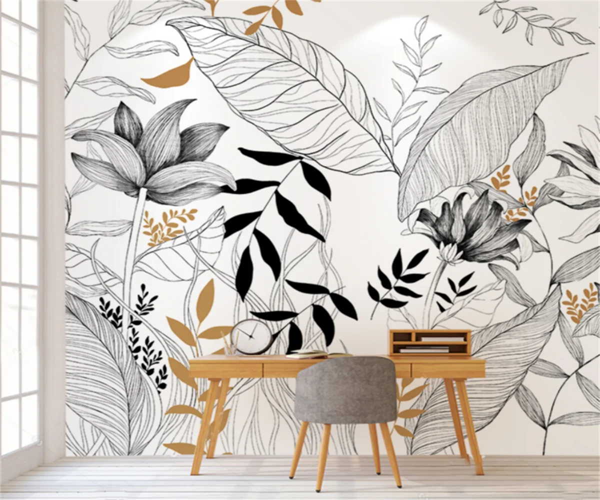 Mural Floral Auto-adesivo para Decoração Home Papel de Parede 3d Plantas da Floresta Tropical Folhas Preto e Branco Fundo Paredes Personalizado