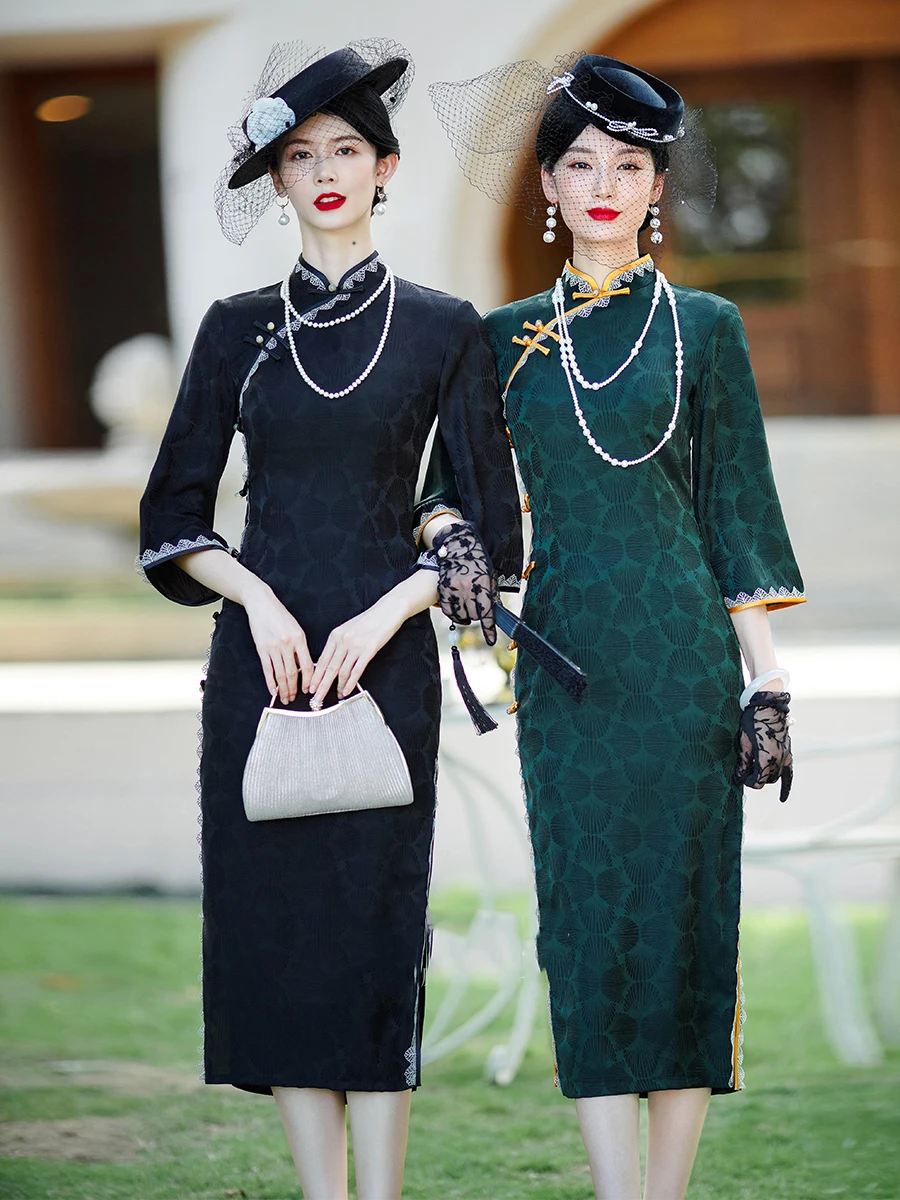 

Женское винтажное вечернее платье, Элегантное Шелковое платье Ципао с перевернутым большим рукавом в китайском стиле