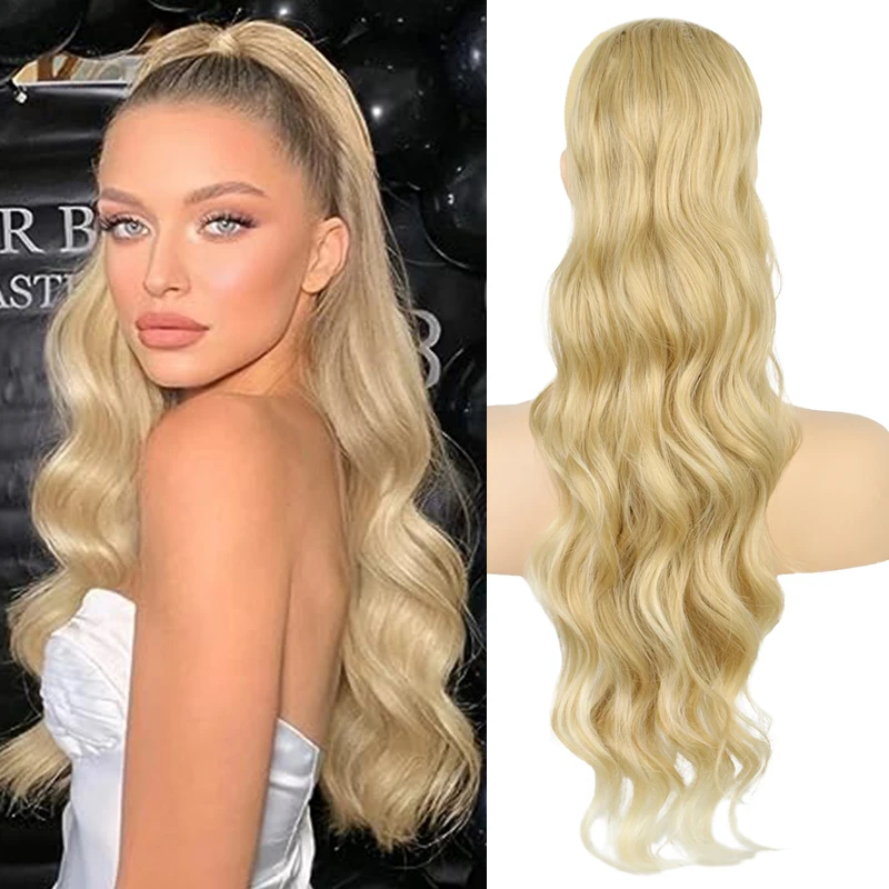 

Synthetic Drawstring Clip in Ponytail Hair Long Wave Fake Tail Hairpiece Ombre Blonde Body Wavy Horse Tail False Hair for Women