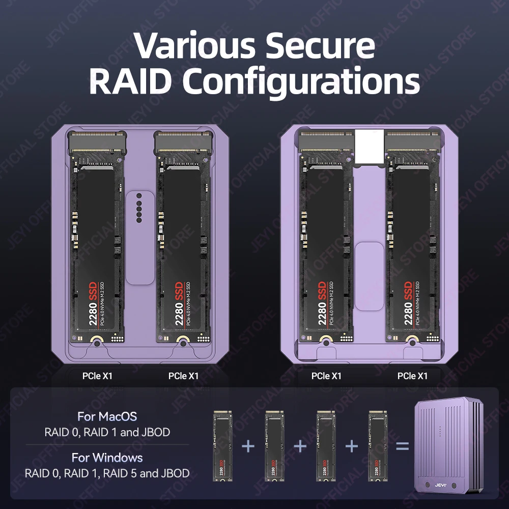 JEYI 4-Bay M.2 NVMe SSD Enclosure with TB 4/3 & USB 4 40Gbps, RAID