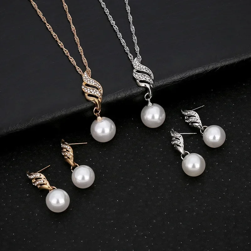 Fashion Rhinestone Wedding Bridal Jewelry Sets For Women Imitation Pearl Pendant Necklace Earrings Set Party Jewelry Gifts jewelry sets jewelry set women earrings chain necklace