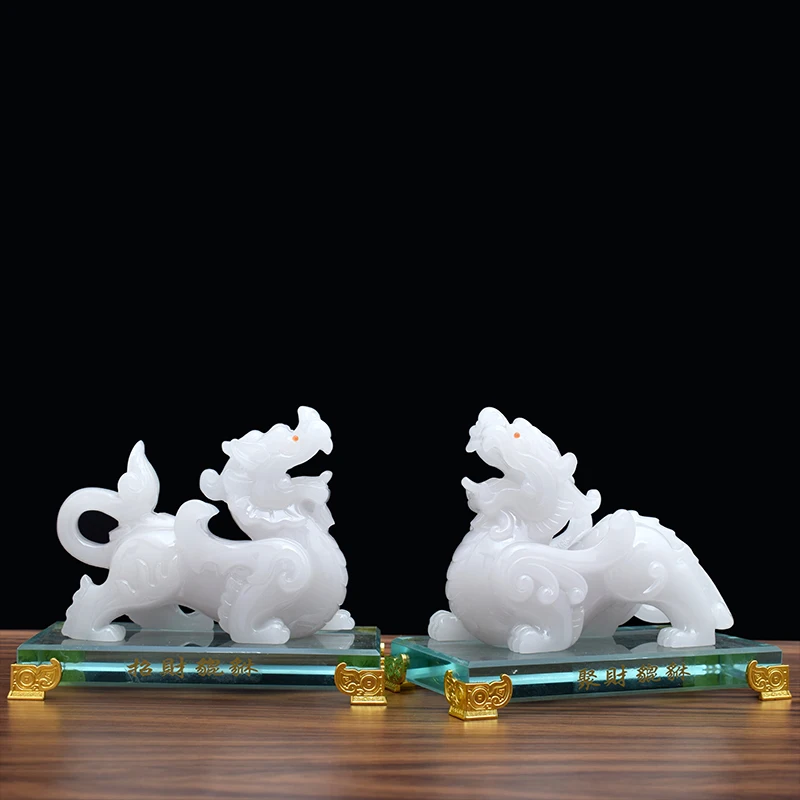 

A PAIR # HOME COMPANY SHOP EFFICACIOUS THRIVING BUSINESS GOOD LUCK MONEY DRAWING RESIN WHITE JADE DRAGON PI XIU FENG SHUI STATUE