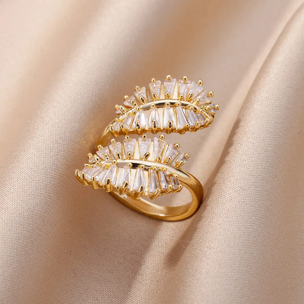 White Zircon Adjustable Stainless Steel Gold Plated Plant Ring