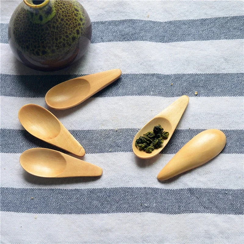 5pcs Wood Mini Tea Spoon Wood Spoon Wooden Spoon Tea Spoon Condiment Scoop Flatware Coffee Tea Small Mini Sugar Spoon Coffee Kitchen Gadgets 7X2.5Cm