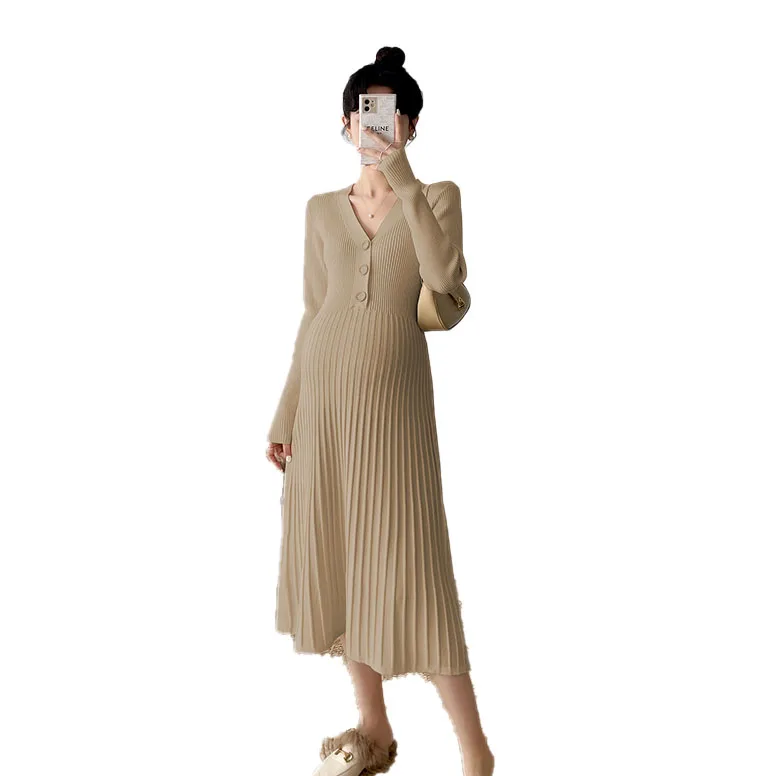 Autumn and Winter Maternity Clothing Long Sleeve V-Neck High Waist Button Fly Pregnancy Knitting Dresses Women Sweaters Knitwear